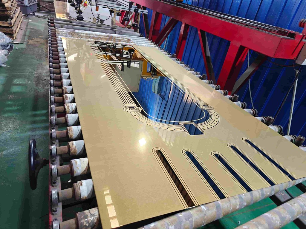 Production workshop of elevator door panels at XinYe Steel, showing metal sheets and machinery.