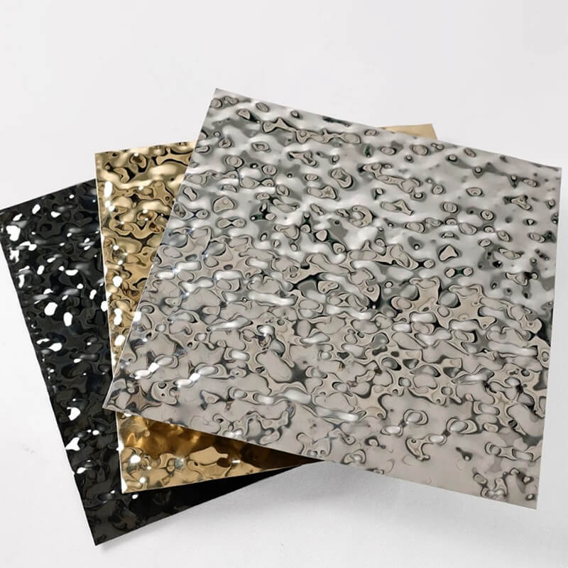 Decorative water ripple stainless steel sheet with textured wave pattern for modern interior design.