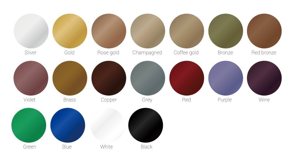 Assorted PVD coated stainless steel sheets in different colors arranged together