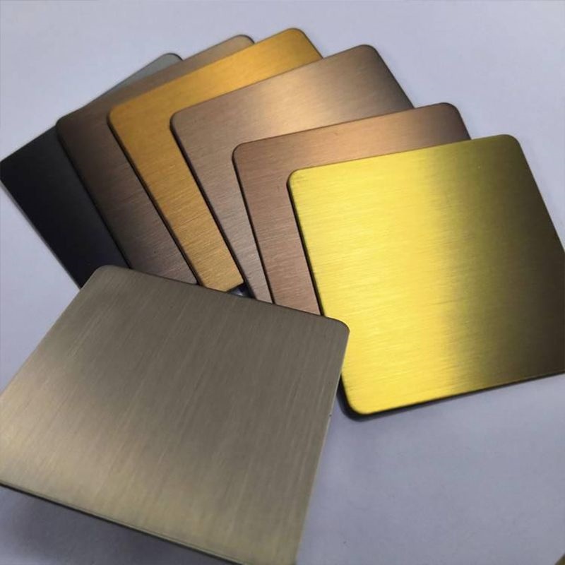 Variety of PVD stainless steel sheets in multiple colors including gold, bronze, black, rose gold and blue