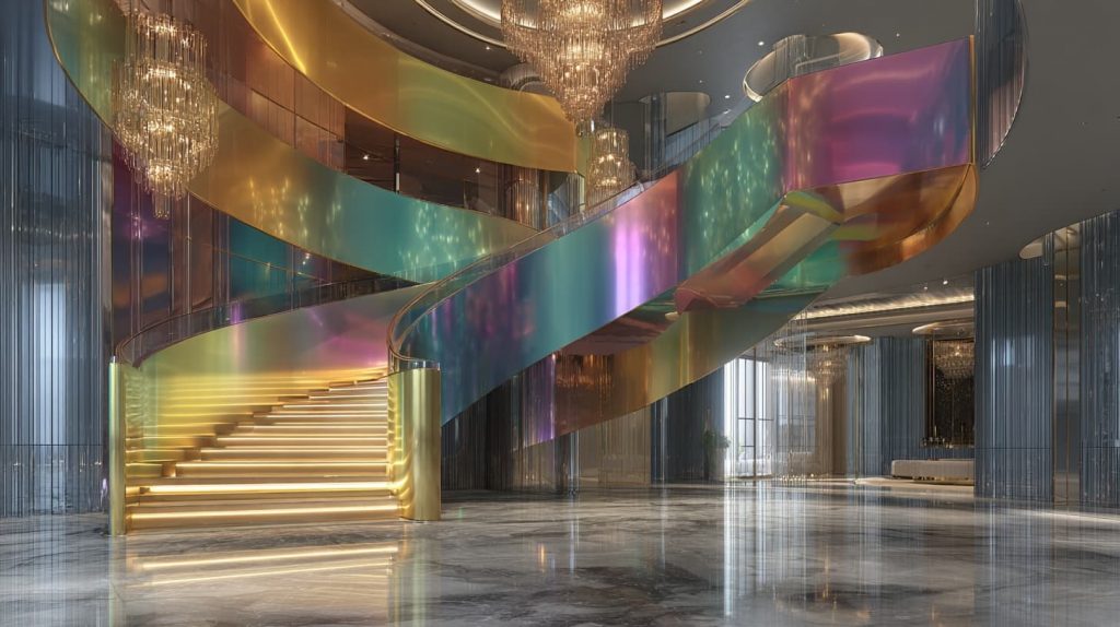 PVD color stainless steel panels installed on staircases for interior decorative application