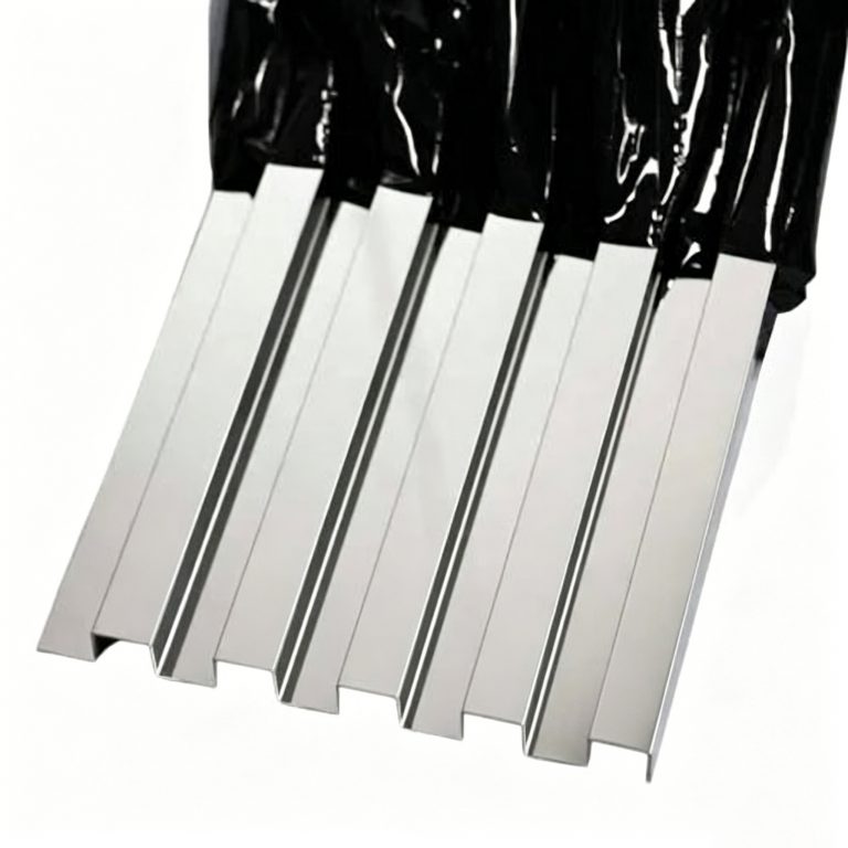 Silver stainless steel corrugated wall panels with sleek wave texture, ideal for modern interior and exterior cladding.