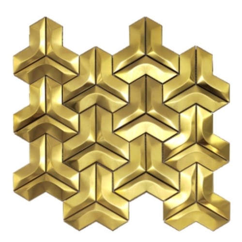 Gold decorative metal mosaic modules with interlocking geometric patterns, brushed gold finish, and modular mesh‑backed design for accent walls.