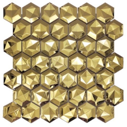 Honeycomb‑patterned metal mosaic decorative tiles with a hexagonal grid layout, brushed metallic finish, and modular mesh‑backed construction for feature walls.