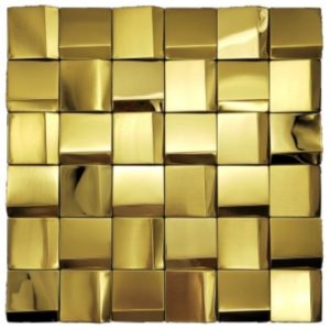 Gold block‑style stainless steel decorative tiles with a three‑dimensional nugget profile, warm metallic lustre, and modular tile format for accent walls.