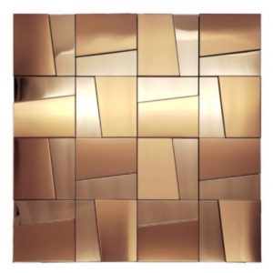 Golden assembled stainless steel decorative panels with interlocking modular design, brushed gold finish, and elegant geometric relief for wall cladding.