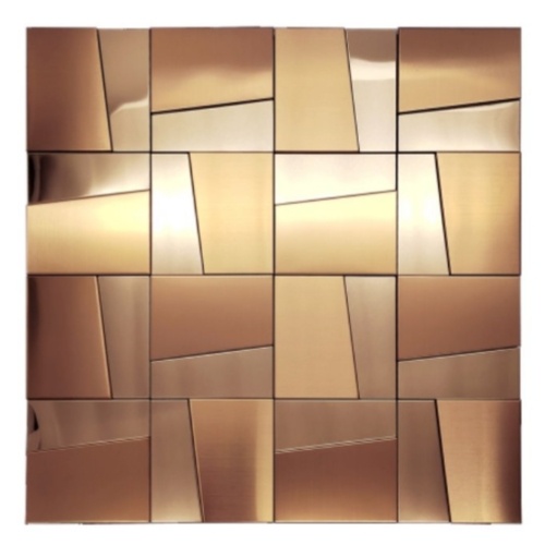 Golden assembled stainless steel decorative panels with interlocking modular design, brushed gold finish, and elegant geometric relief for wall cladding.
