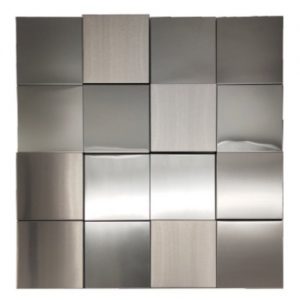 Embossed grid pattern metal mosaic tile with 3D raised square texture, stainless steel finish