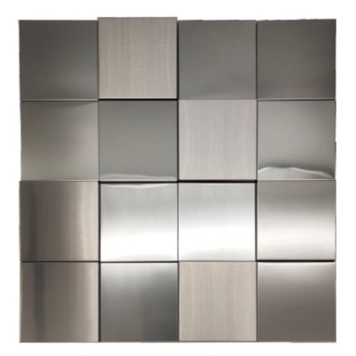 Embossed grid pattern metal mosaic tile with 3D raised square texture, stainless steel finish